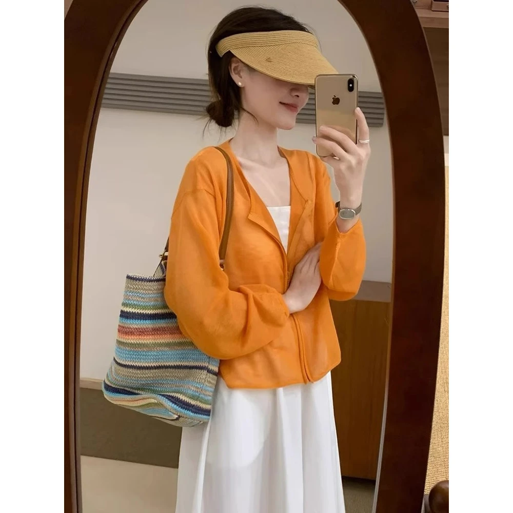 美爆了！韩系橘色针织防晒开衫女吊带裙外搭小披肩薄纱空调衫上衣