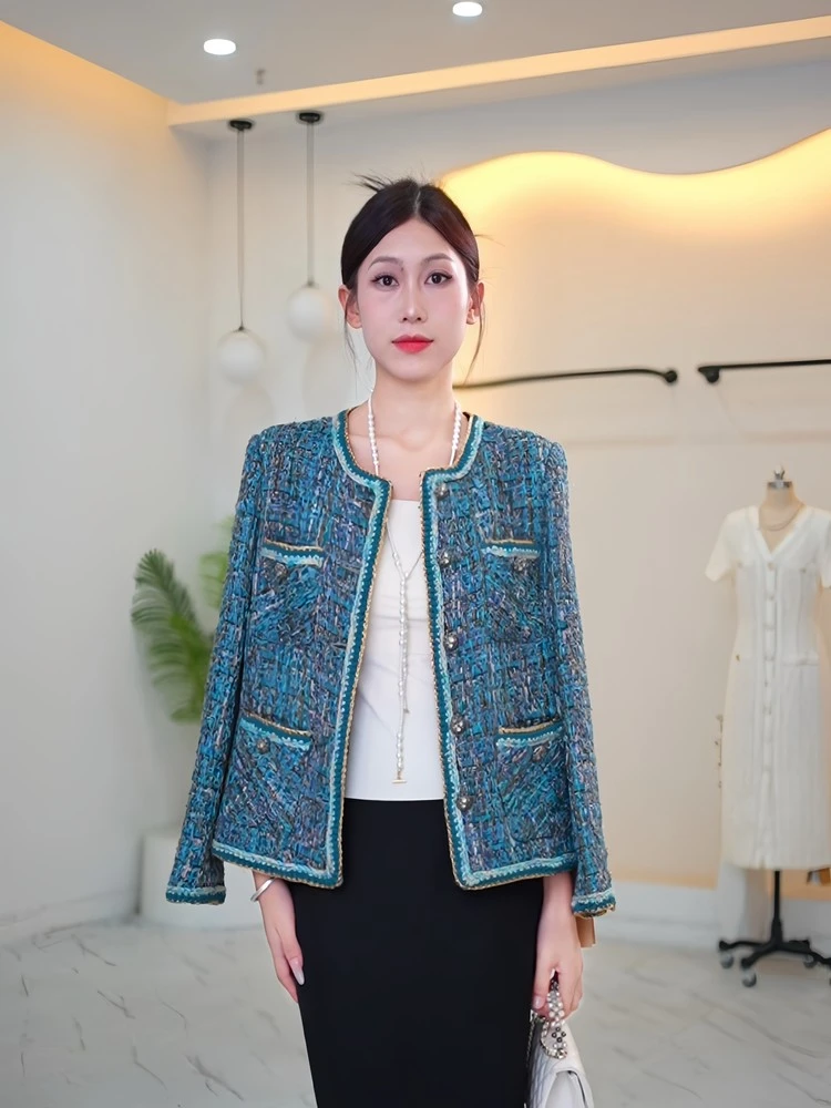 （孔雀蓝）2025春款高级感气质名媛小香风外套女法式上衣