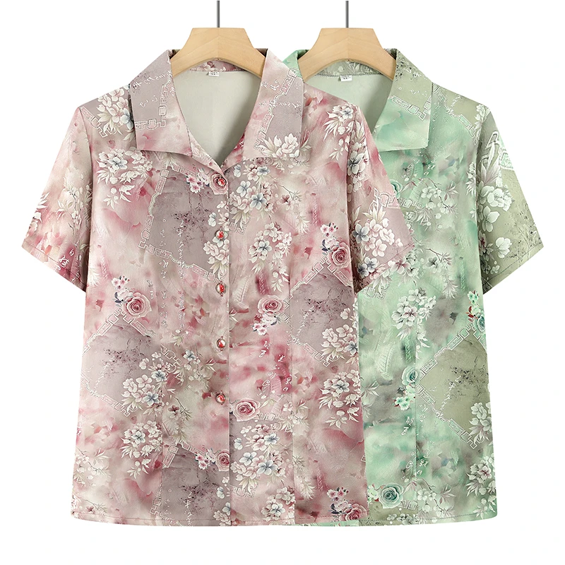 中老年人女装夏季短袖衬衣老太太衣服奶奶装薄款夏装妈妈翻领衬衣