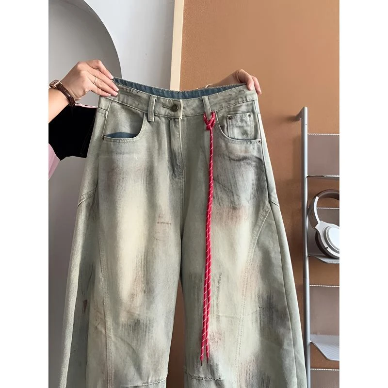 小个子美式复古脏染做旧解构弯刀牛仔裤女秋季宽松显瘦阔腿拖地裤