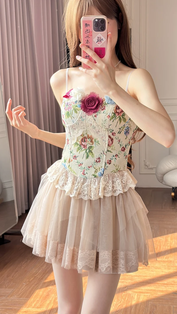 小小仟 巴洛克少女/吊带短款法式鱼骨女夏季复古气质上衣半裙