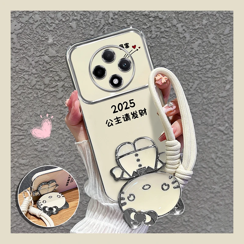 适用【vivoy300pro】大视窗手机壳公主请发财补妆镜支架硅胶女可爱