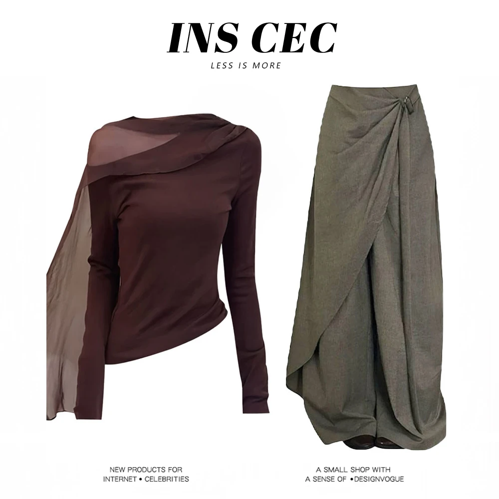 【现货秒发】美拉德斜肩露肩网纱飘带针织衫设计感宽松阔腿长裤套装