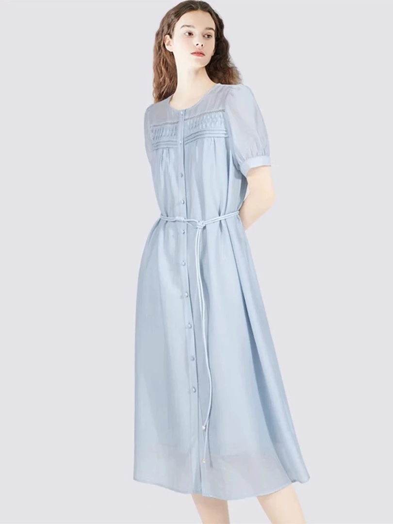 夏季新款圆领短袖A字裙子时尚优雅简约显瘦收腰连衣裙HJ-1947