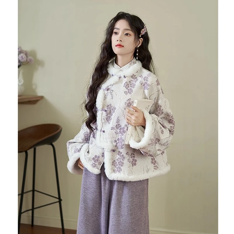 【月上藤萝】新中式秋冬季夹棉加厚改良旗袍上衣阔腿裤少女国风套装