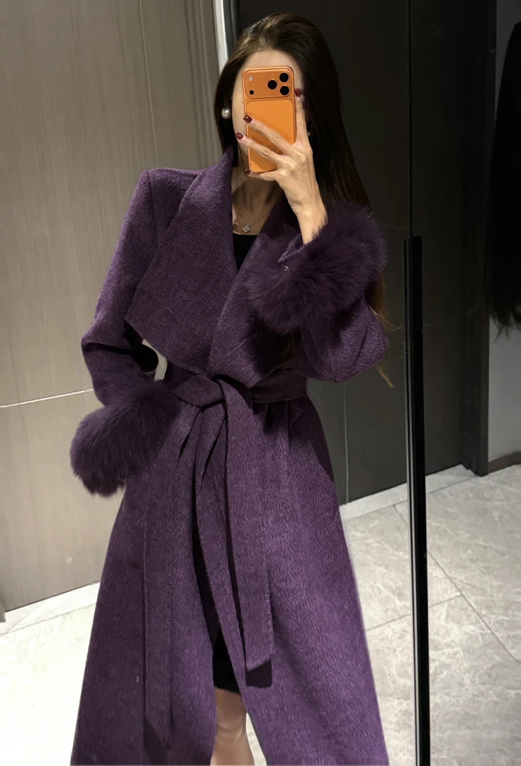 25新款狐狸毛毛袖羊毛秋冬大衣设计款毛袖款