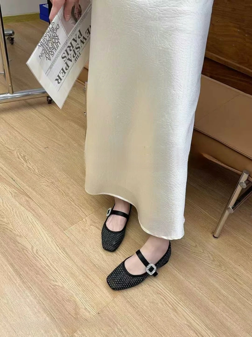 2025春季新款淑女女鞋时尚编织网状方头水钻扣一字带玛丽珍单鞋
