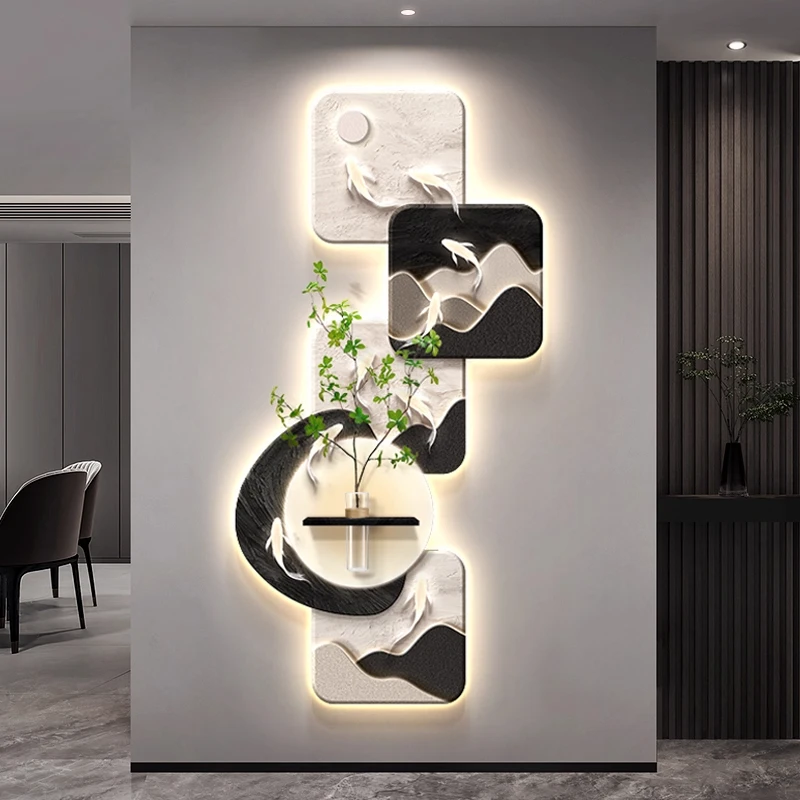 2025高级感玄关九鱼图装饰画走廊过道带灯挂画正对门入户轻奢壁画