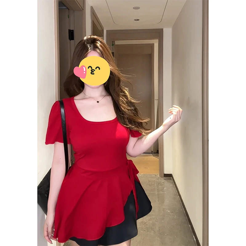 荷叶边方领正肩短袖T恤女2025夏大码胖mm时尚不规则绑带收腰上衣