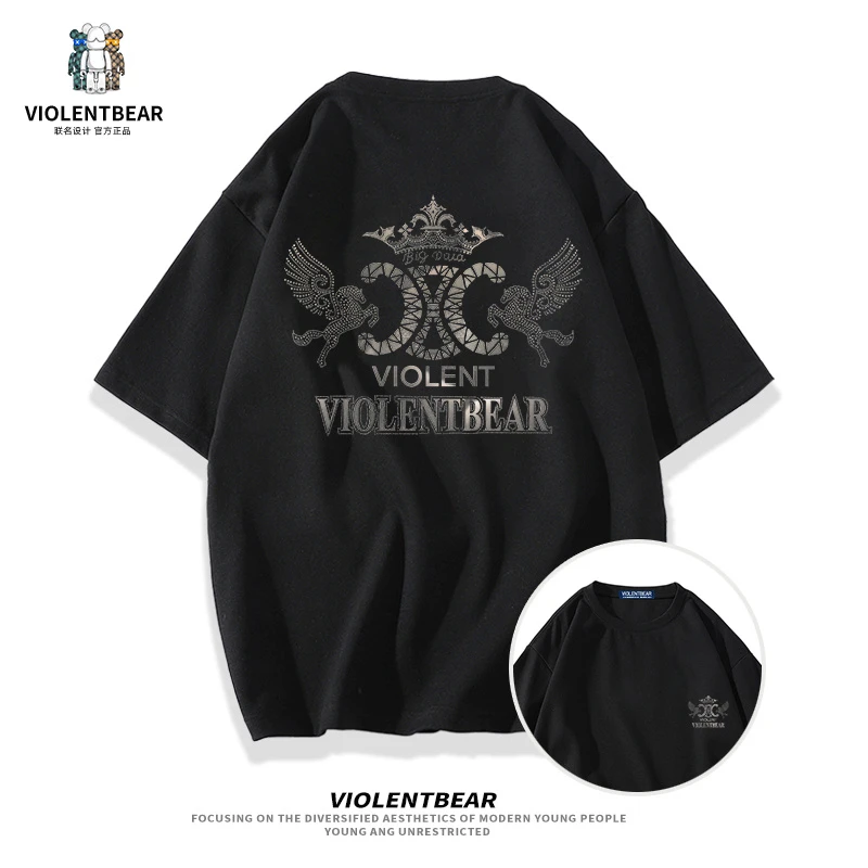 暴力熊纯棉圆领短袖t恤男女夏季皇冠飞马潮男时尚百搭重磅T恤