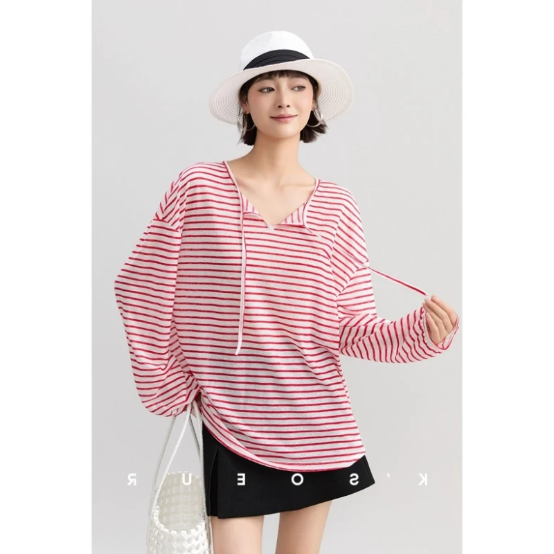条纹防晒罩衫女2025新款早秋薄款高级小众不撞衫上衣慵懒长袖t恤
