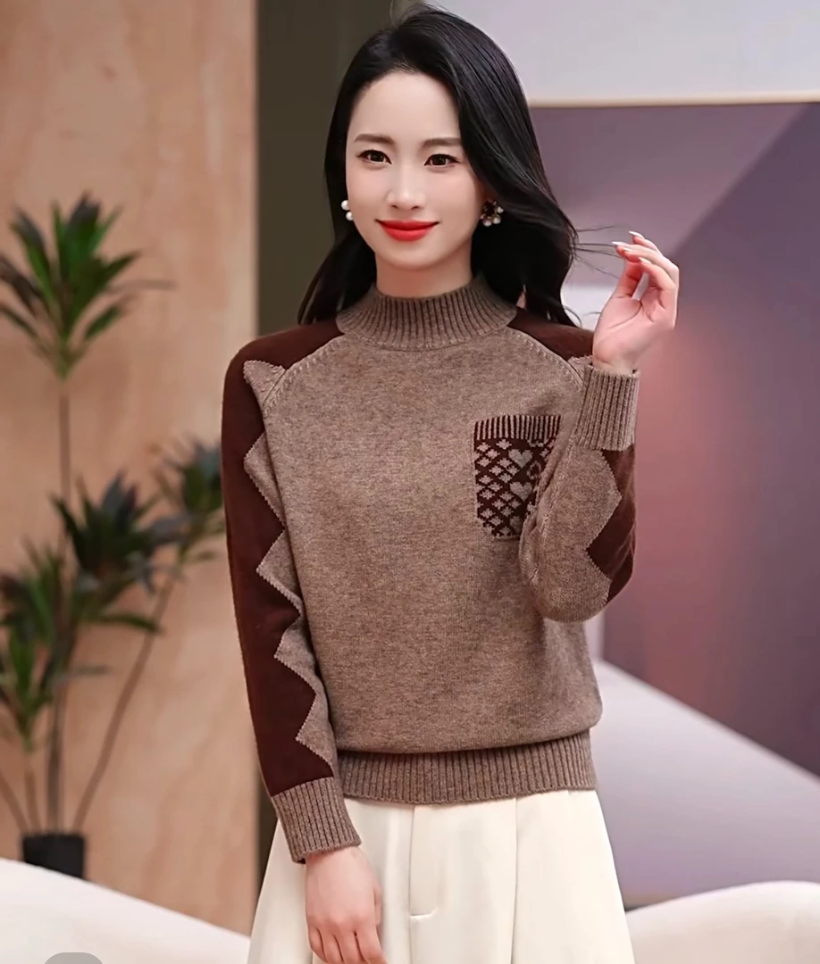秋冬女士半高领加厚保暖套头拼色显瘦遮肉洋气百搭毛针织衫