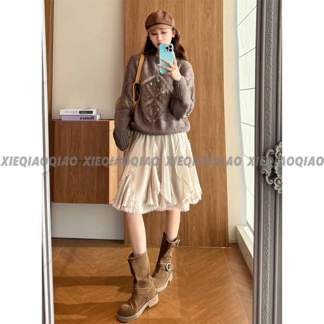 谢荞荞「秋日胶卷」羊毛秋冬小众设计镂空圆领宽松粗针毛衣针织衫