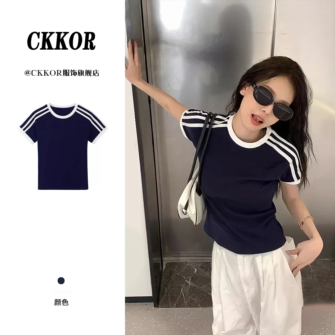 CKKOR夏季显瘦运动t恤女短袖韩版撞色条纹时尚设计感穿搭圆领上衣