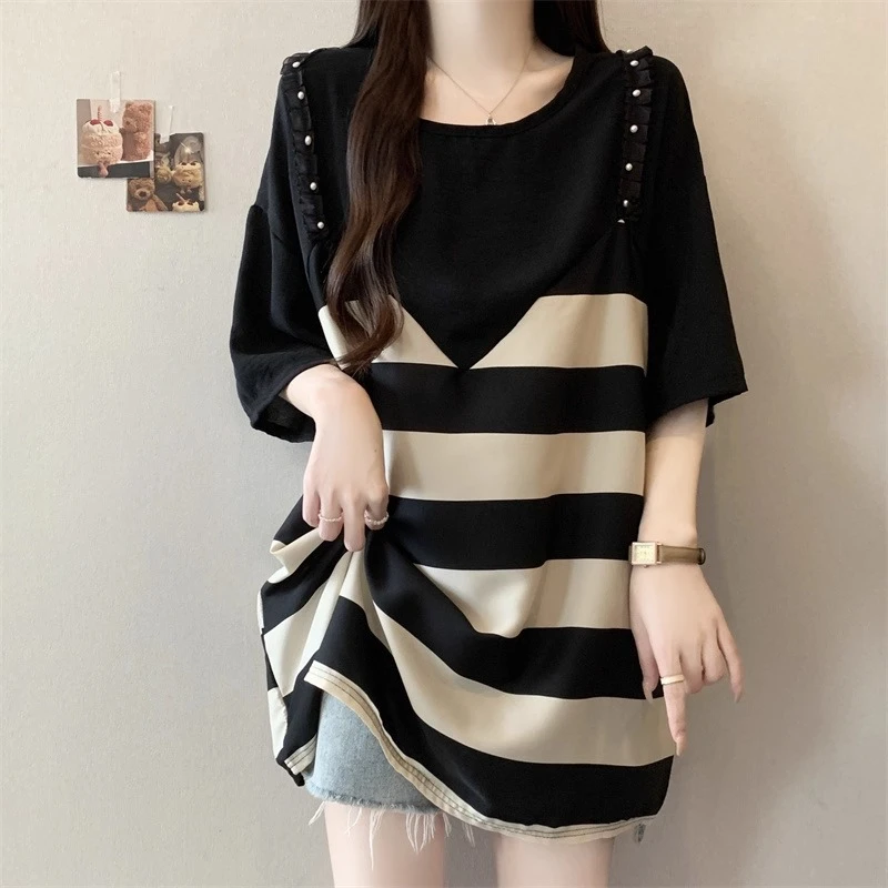 夏装胖mm大码设计感假两件拼色雪纺上衣正肩宽松中长款短袖打底衫