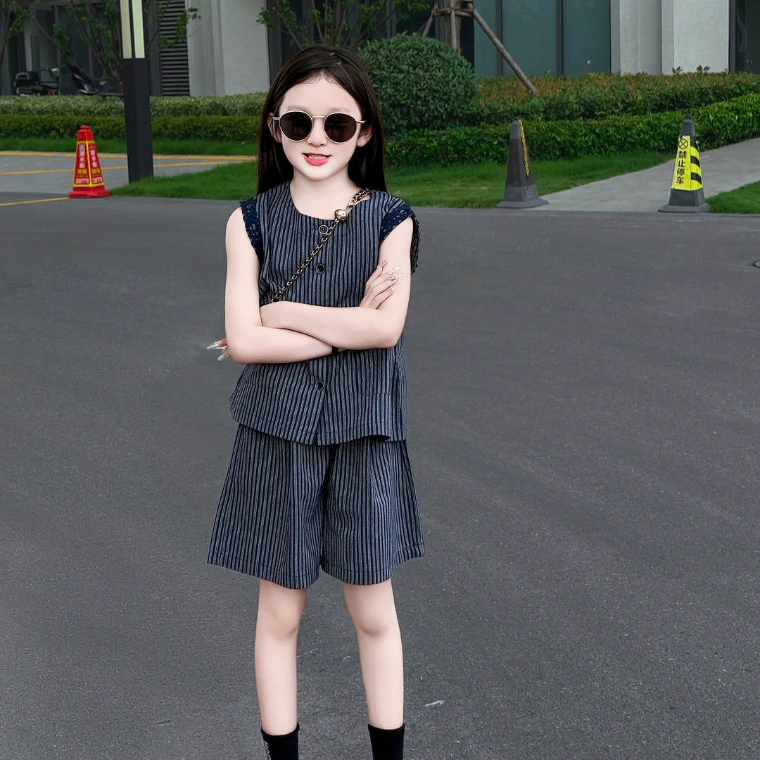 女童夏装2025新款韩版时髦宽松条纹短袖衬衫短裤夏季休闲两件套潮