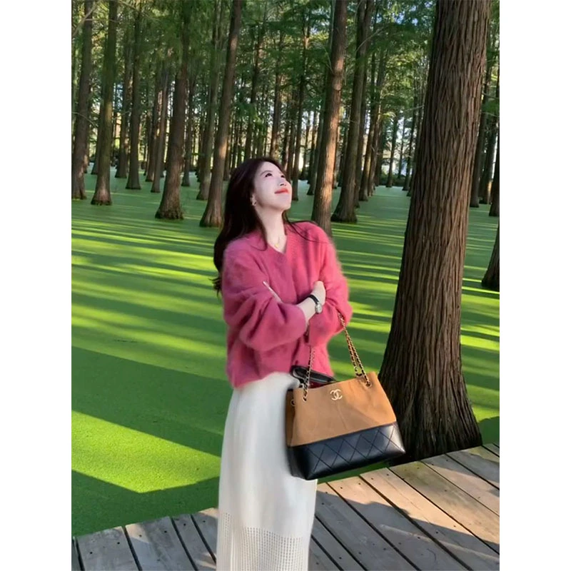 MARIE.COCO慵懒风玫红色圆领长袖针织衫毛衣女收腰半身裙两件套