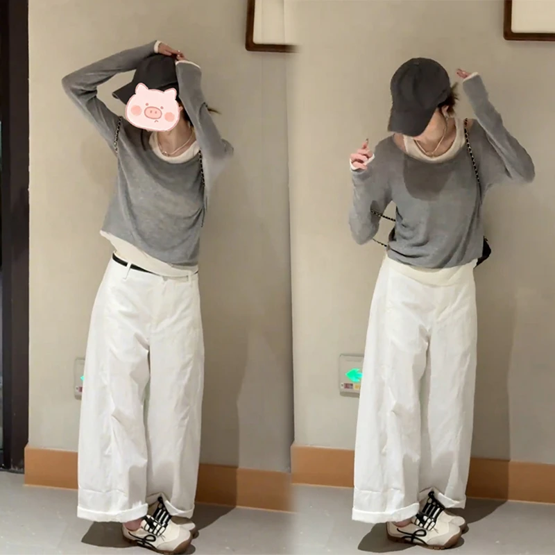 早秋巨好看一整套女2025新款设计感假两件露肩上衣阔腿裤休闲套装