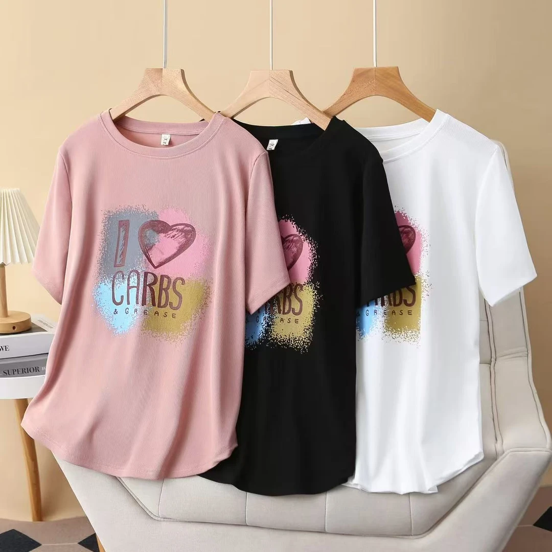 大码夏款印花爱心圆领遮肉显瘦短袖T恤797（110-200斤）