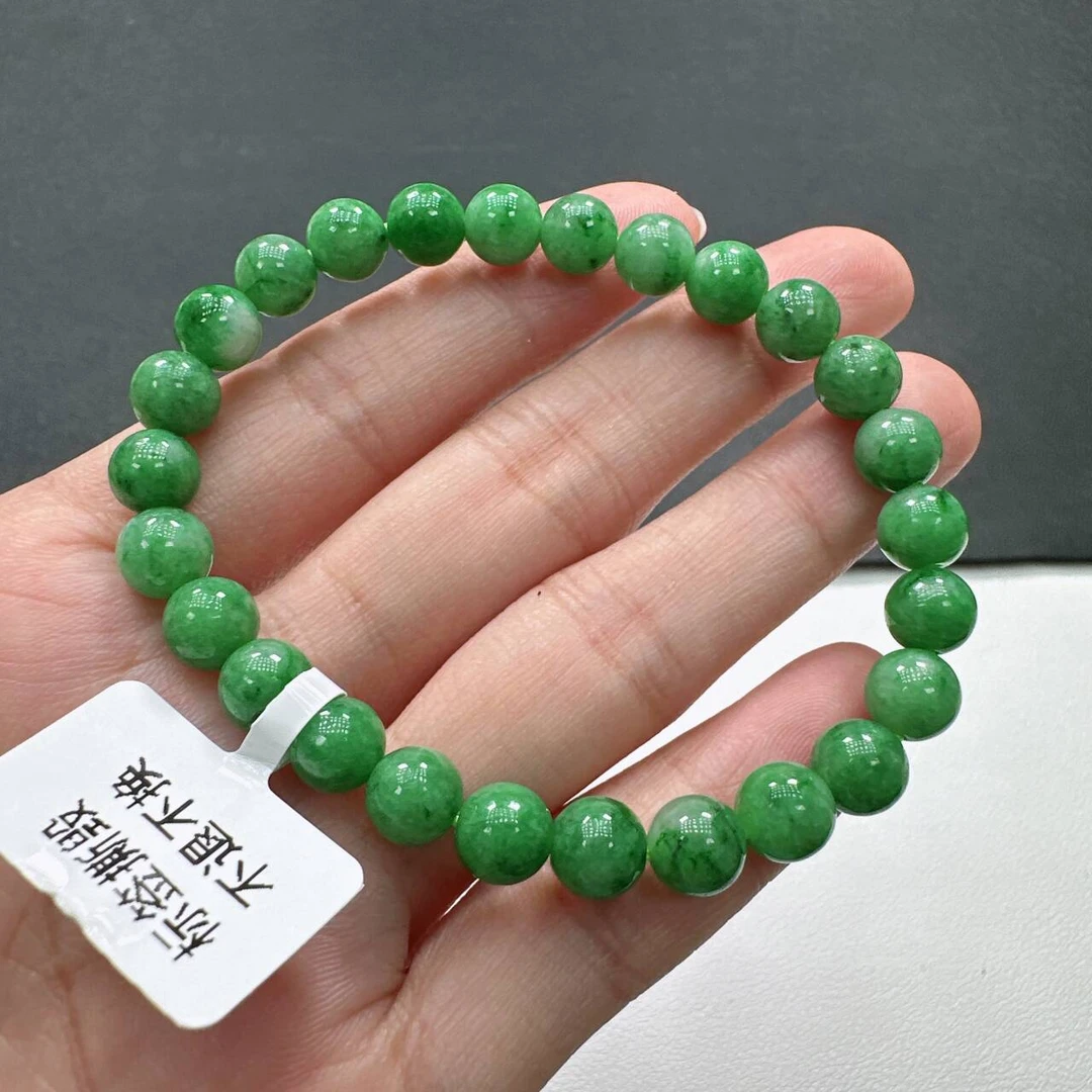 缅甸天然A货翡翠卡7.2mm老坑水润满绿阳绿圆珠单圈女款时尚手串