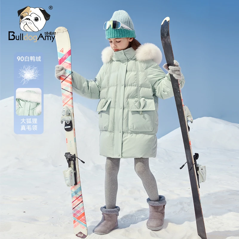 女童白鸭绒羽绒服2025冬季新款洋气连帽真大毛领儿童外套中长款