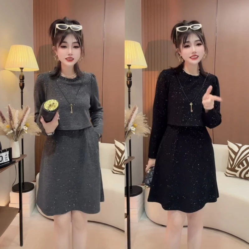 秋冬长袖圆领高腰中长款显瘦百搭假两件气质连衣裙