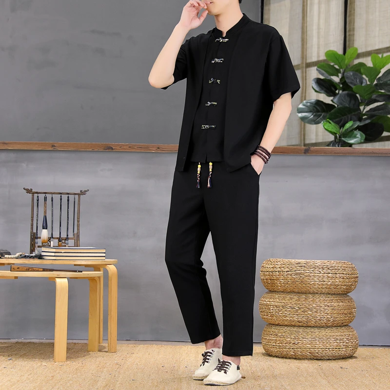 夏季新款男士短袖中国风套装国潮复古中式纯色假两件体恤盘扣唐装