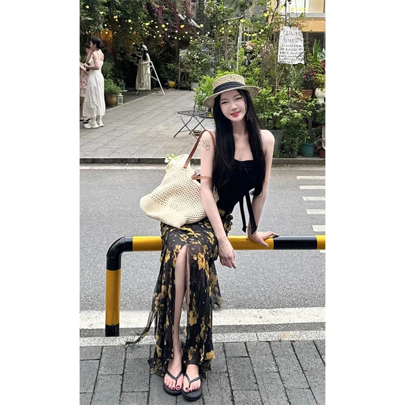 法式甜美温柔小众系带设计感抹胸背心上衣高腰花卉开叉半身裙长裙