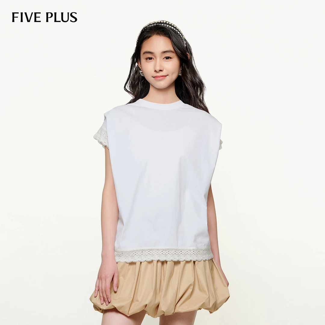 FIVE PLUS秋装短袖T恤女圆领蕾丝边上衣宽松休闲100%棉2LA3020320