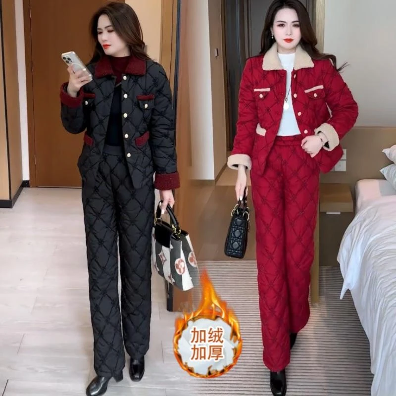 加绒加厚时尚套装女冬季新款设计感小香风棉衣棉裤洋气保暖两件套