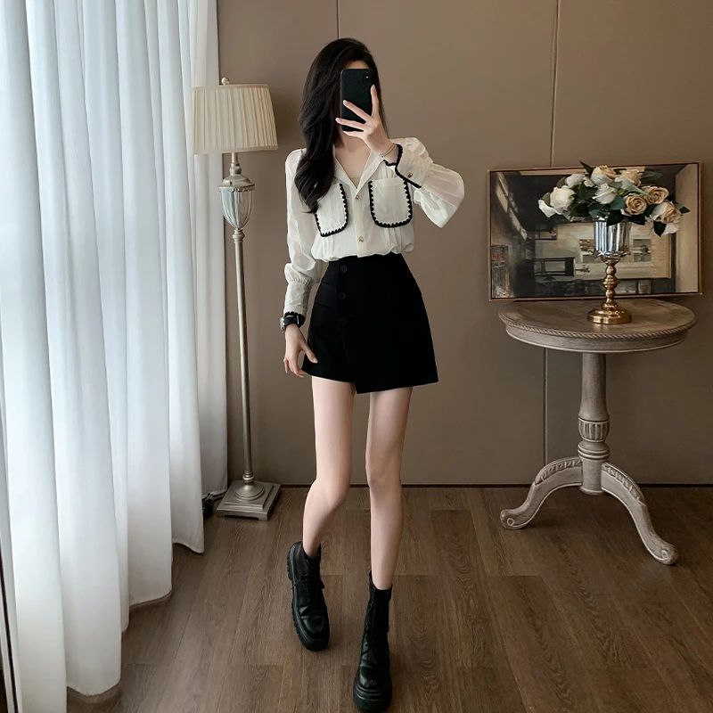 法式小香风白色衬衫女春秋小衫洋气独特别致上衣高腰短裤裙套装女