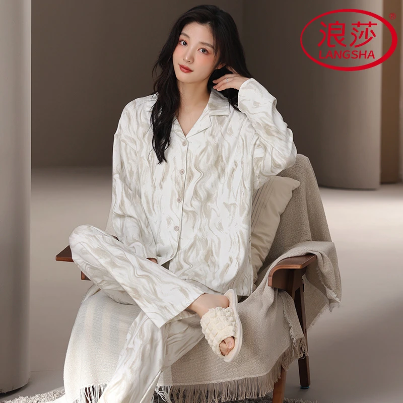 浪莎正品慵懒睡衣可外穿家居服新款中古风高级感长袖翻领舒适女春