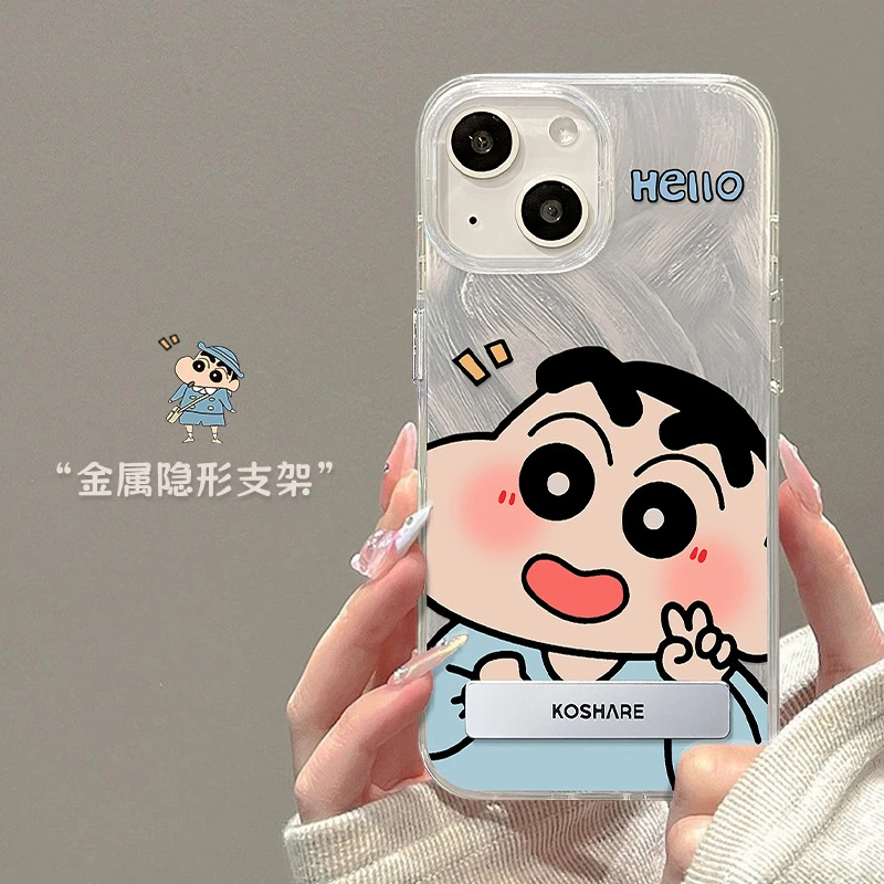 适用15羽纱IMD手机壳iPhone14Pro可爱小新隐形支架全包防摔软