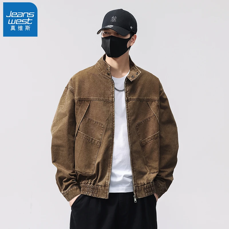 Jeanswest/真维斯美式复古立领夹克男休闲宽松痞帅工装上衣外套男