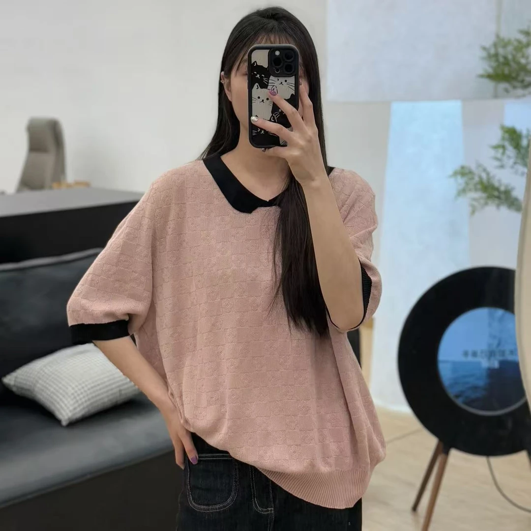 JUANJUAN自制粉色Polo黑领格子身短袖