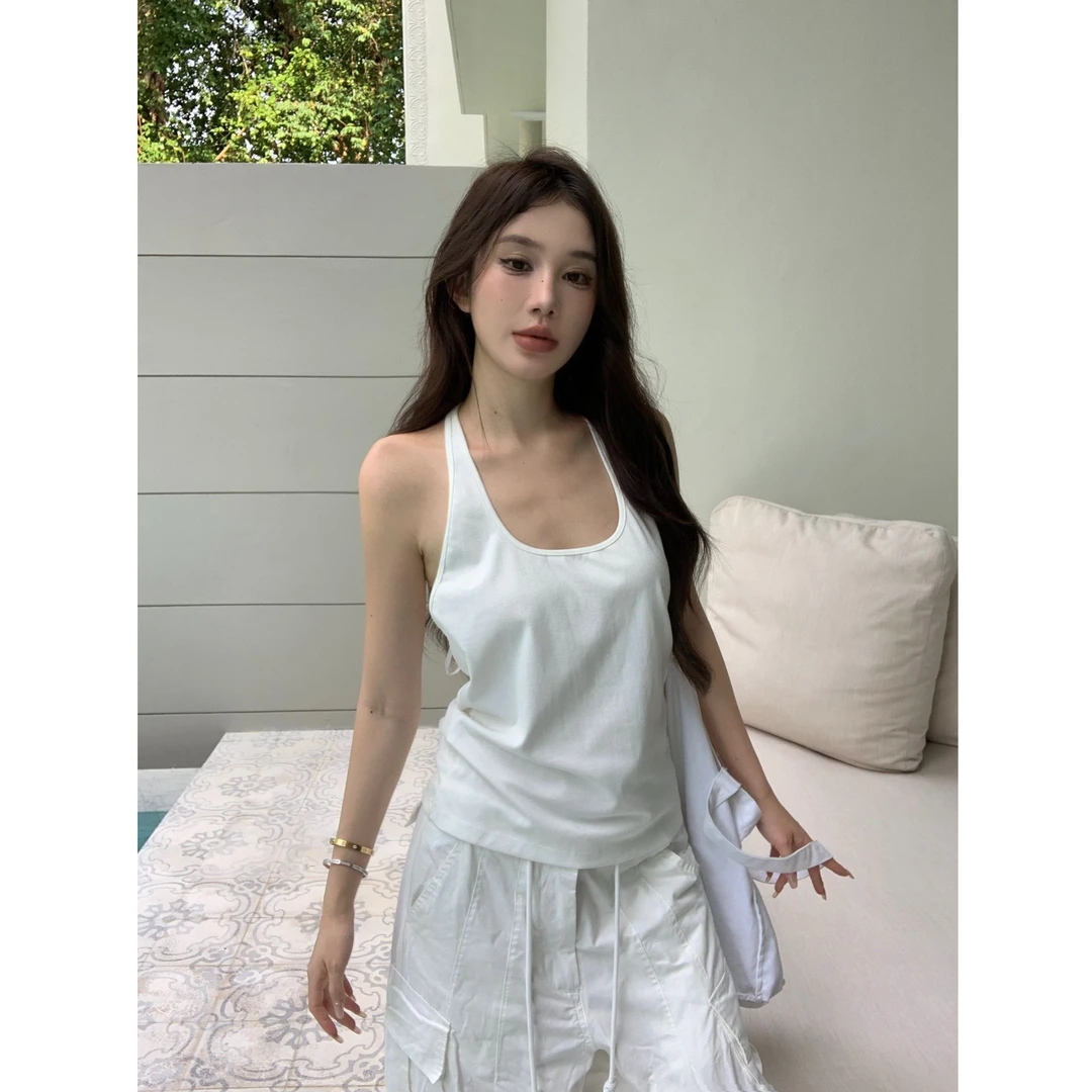 简约纯色内搭挂脖小背心女夏装辣妹性感外穿显瘦露背短款吊带上衣