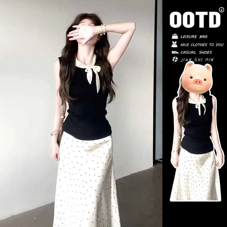 法式蝴蝶结无袖背心波点连衣裙子洋气衣服女夏季2025新款套装长裙