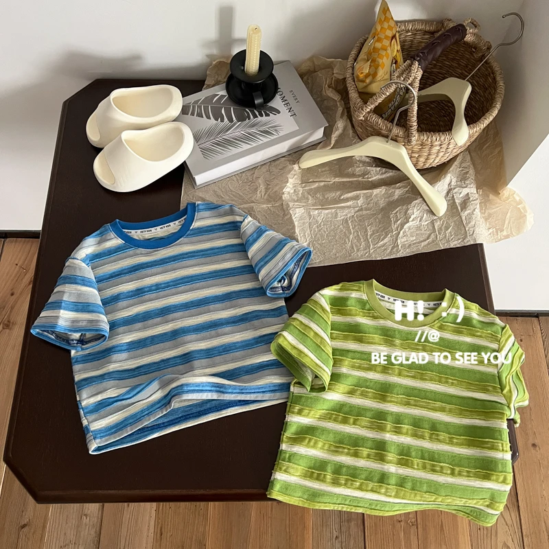 郝叔童品夏季新款潮牌2025男童时尚网红款条纹短袖T恤潮kkHZ52297