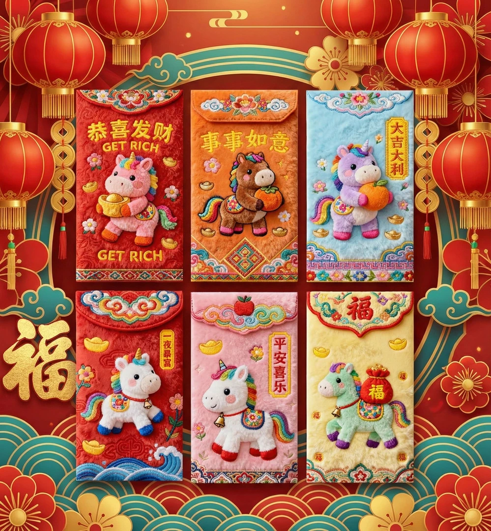 2026立体刺绣风格马年创意红包中式利是封卡通新年压岁春节平面款