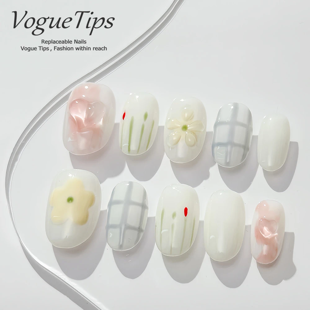 VogueTips雏菊情书纯手工穿戴甲短圆新款手绘高级感显白日式ZB410