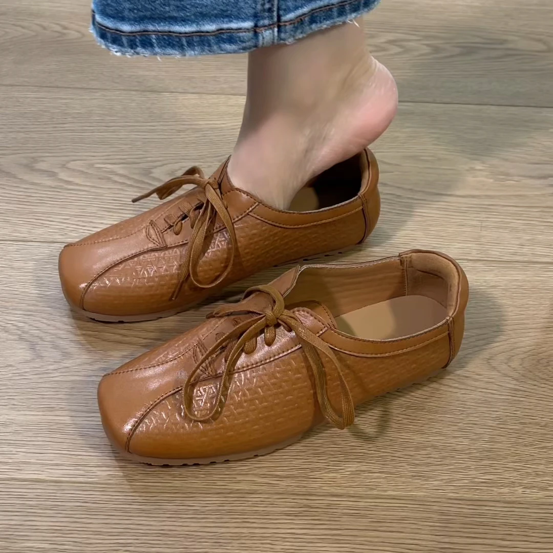 单鞋皮鞋平底2025新款方头系带舒适单鞋交叉绑带舒适单鞋女款春秋
