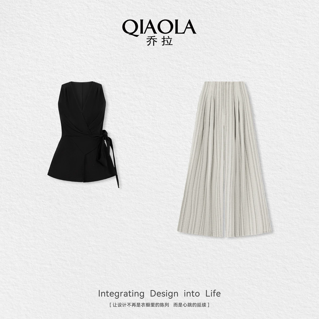 QIAOLA/乔拉【博主日记】夏季新款V领交叉设计时尚百搭显瘦套装