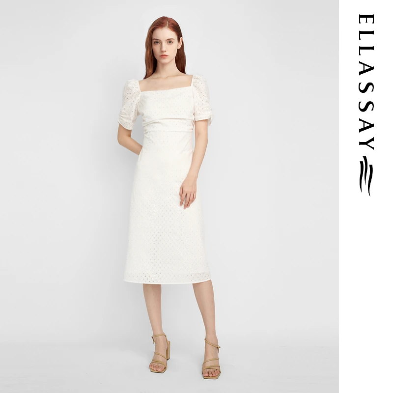 ELLASSAY歌力思2024夏季纯棉法式复古连衣裙女EWB353Y001