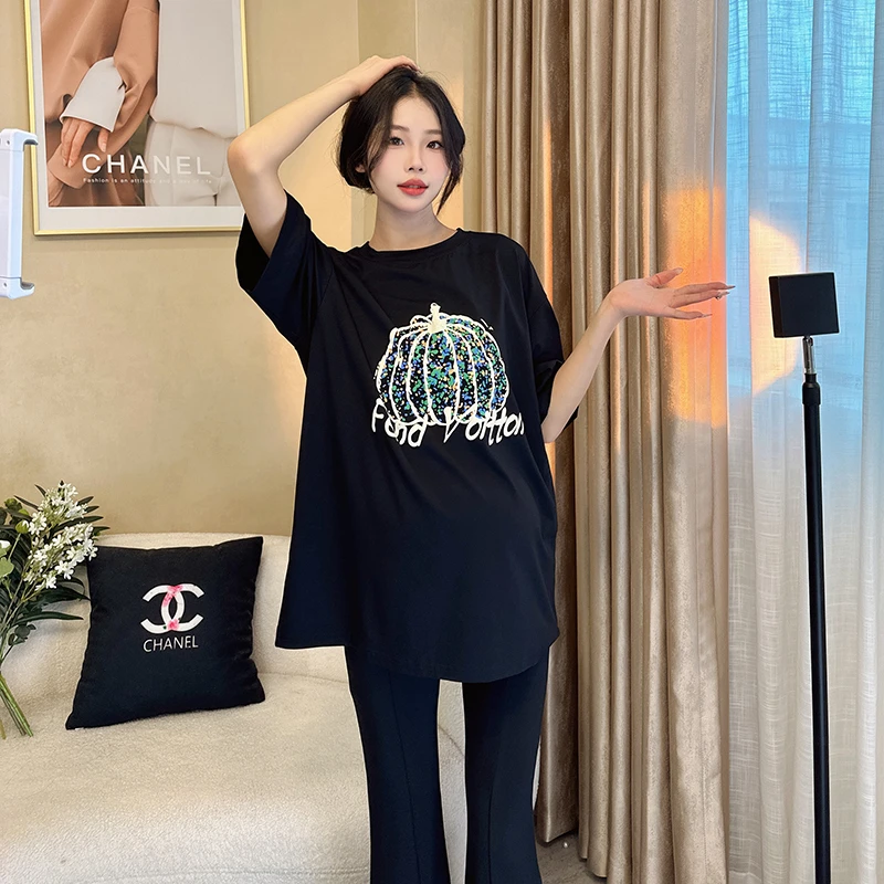 网红孕妇装时尚孕妇T恤夏季短袖洋气时髦中长款上衣夏装