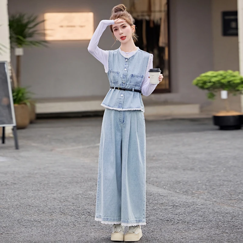 时尚蕾丝拼接牛仔背心套装女春季新款洋气减龄休闲阔腿裤三件套