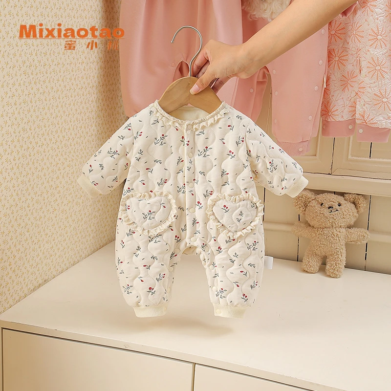 甜甜樱桃婴儿加绒夹棉秋冬款连体衣女宝宝新生儿加绒保暖外出服