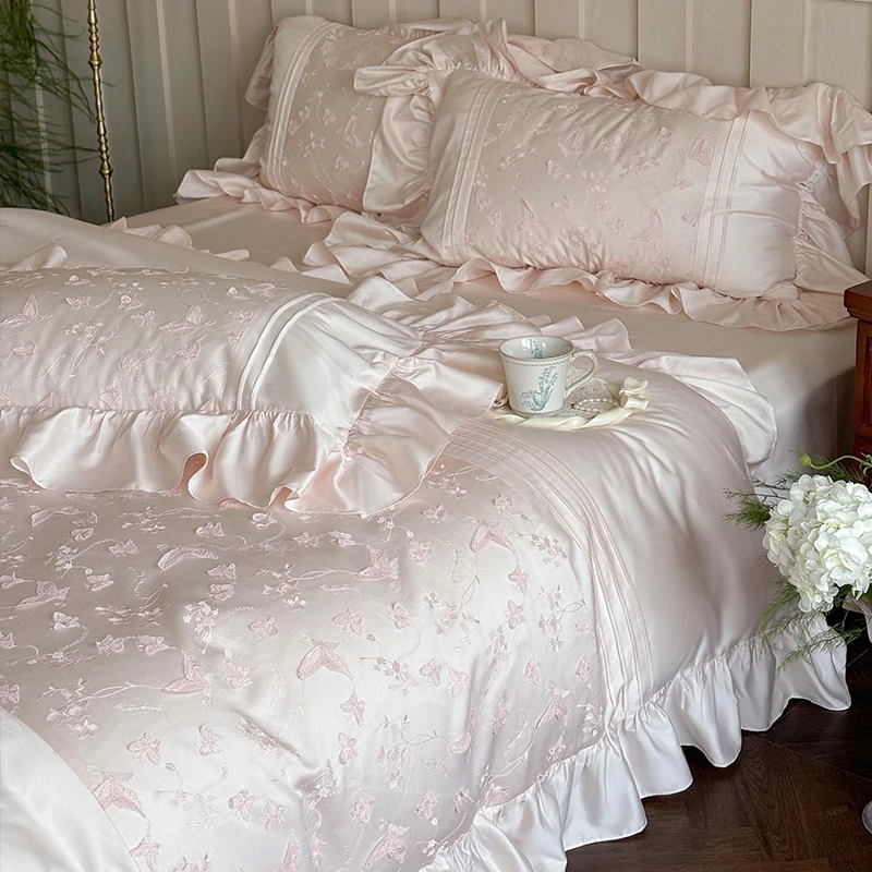 皇后娘娘少女心四季款天丝棉超柔四件套立体蝴蝶刺绣荷叶边床品