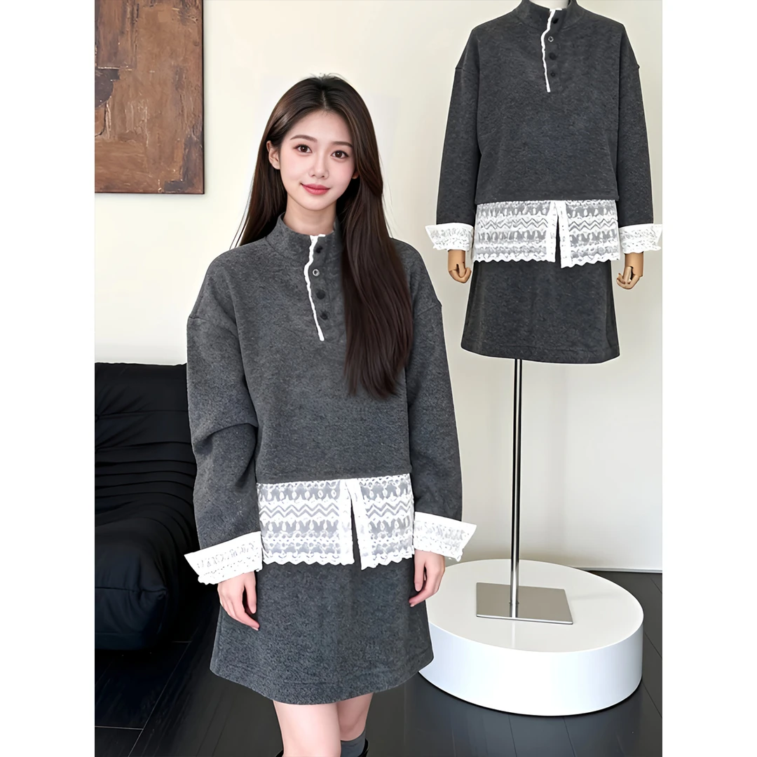 2025秋冬新款撞色休闲拼接蕾丝下摆高级感卫衣加厚显瘦短裙两件套