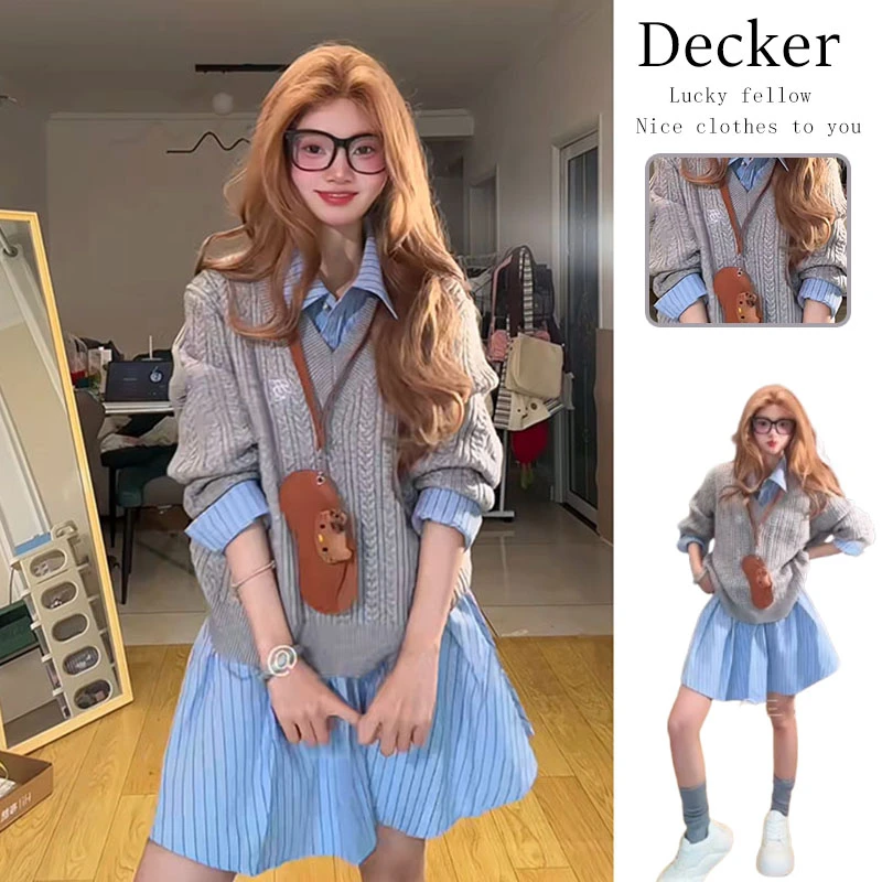 韩系减龄套装慵懒针织衫毛衣学院风收腰长袖百搭衬衫连衣裙两件套