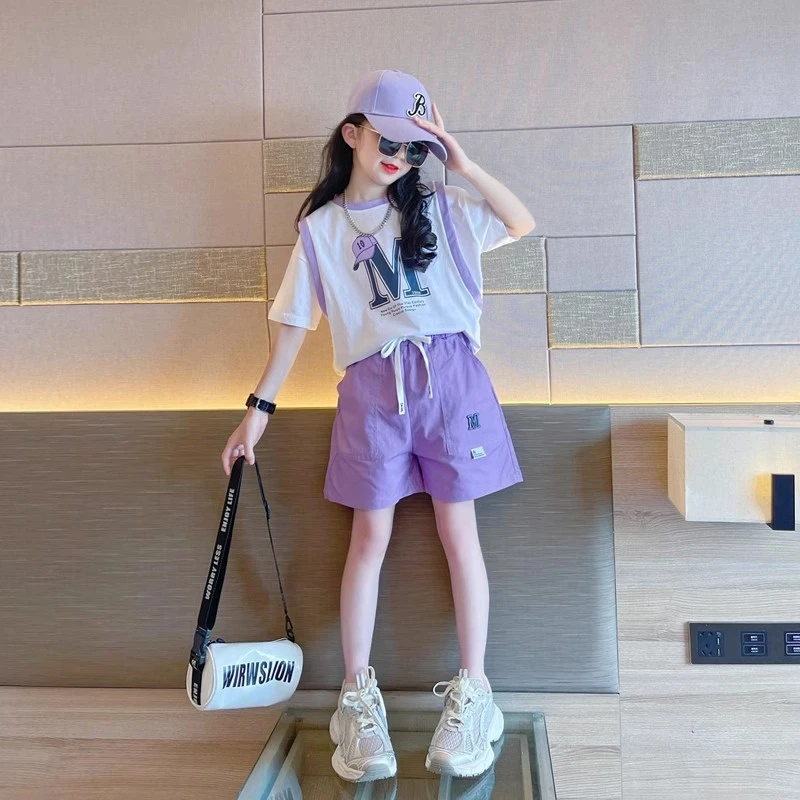 女童套装夏款2025新款洋气时髦中大童短袖运动夏装儿童短裤两件套